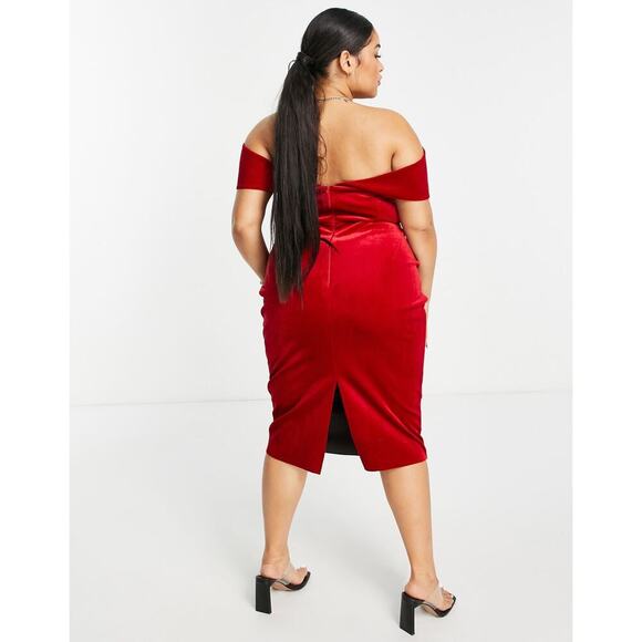NWT Asos Design Curve Size 20 Drape Bardot Corset Red Velvet Pencil Midi Dress - Picture 4 of 15